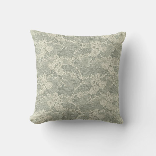 Sage Grey Floral Lace Pattern Decorative Cushion (Front)