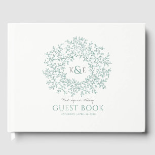 Sage grey green white leaf monogram art wedding guest book
