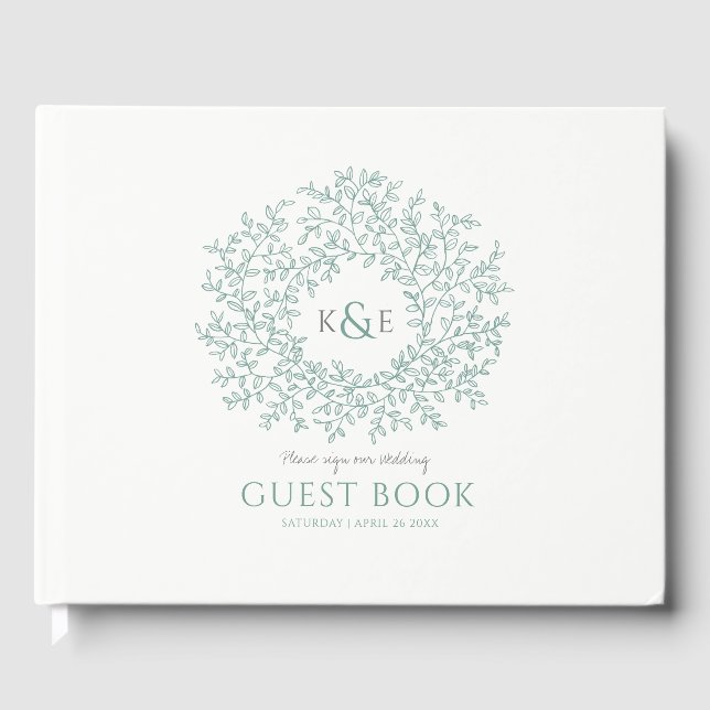 Sage grey green white leaf monogram art wedding guest book (Front)