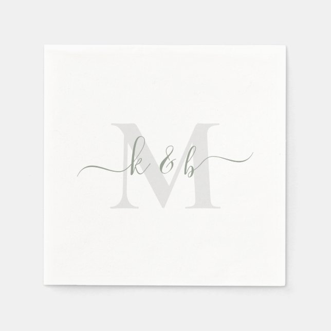 Sage & Grey Monogram Swash Script White Cocktail  Napkin (Front)