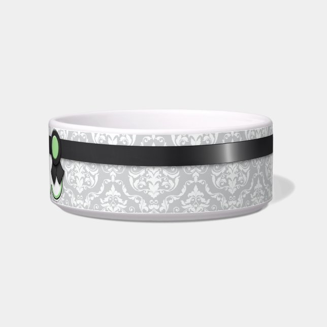 Sage & Grey Ribbon Design Damask Cat Bowl (Right)