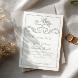 Sage Grey Toile de Jouy Cherub Save the Date Card