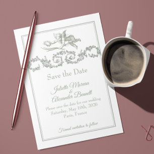 Sage Grey Toile de Jouy Cherub Save the Date Card