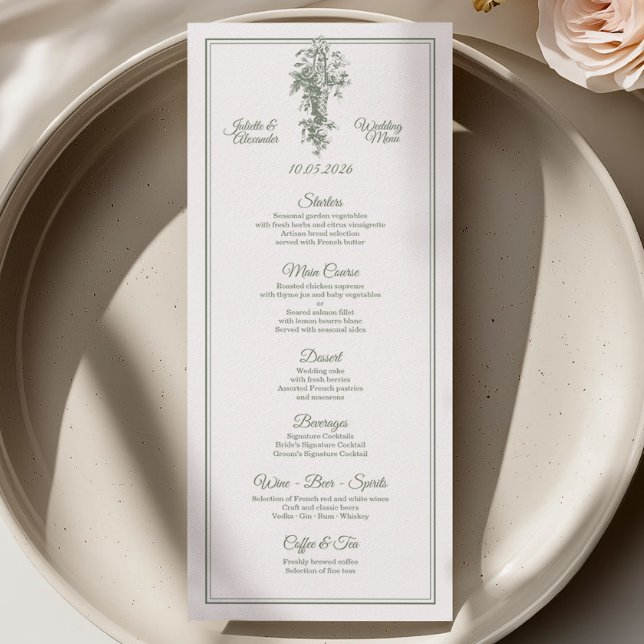 Sage Grey Toile de Jouy Wedding Menu Card (Creator Uploaded)