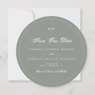 Sage Grey White Elegant Round Photo Save The Date Invitation