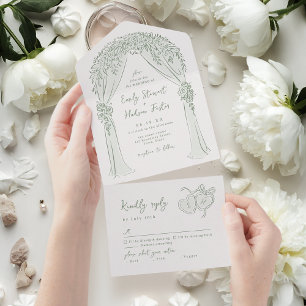Sage Hand Drawn Floral Arch Whimsical Wedding All In One Invitation