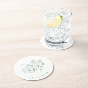 Sage Hand Drawn Hearts Monogram Whimsical Wedding Round Paper Coaster