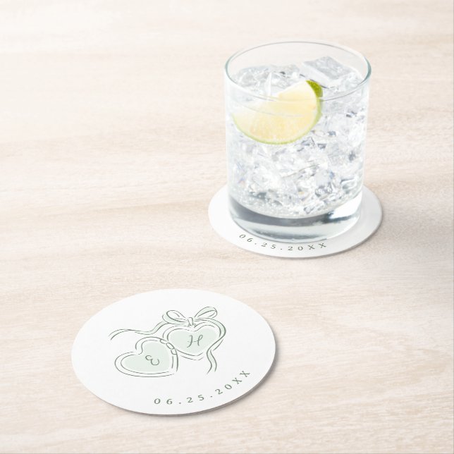 Sage Hand Drawn Hearts Monogram Whimsical Wedding Round Paper Coaster (Insitu)