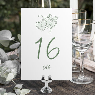 Sage Hand Drawn Hearts Monogram Whimsical Wedding Table Number