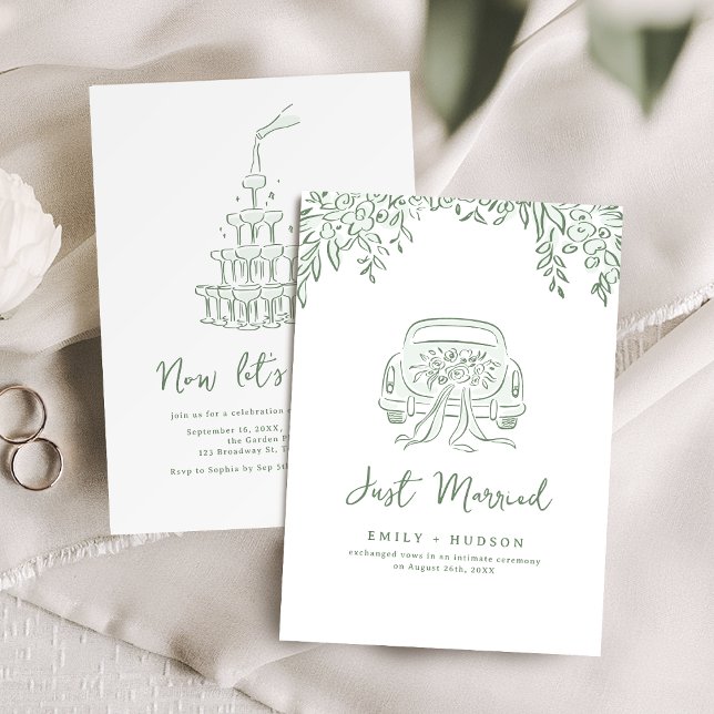 Sage Hand Drawn Just Married Car Whimsical  Invitation (Sage Hand Drawn Just Married Car Whimsical Invitation)