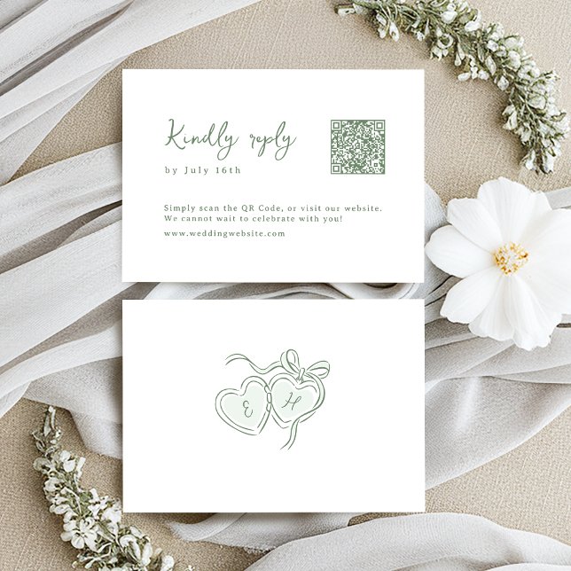 Sage Hand Drawn Monogram Whimsical Wedding QR code RSVP Card (Sage Hand Drawn Monogram Whimsical Wedding QR code RSVP Card)