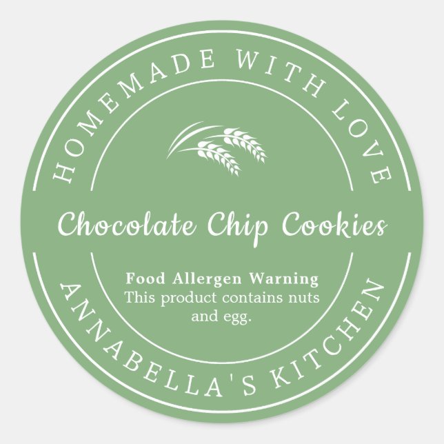 Sage Homemade with Love Food Allergen Warning Classic Round Sticker (Front)