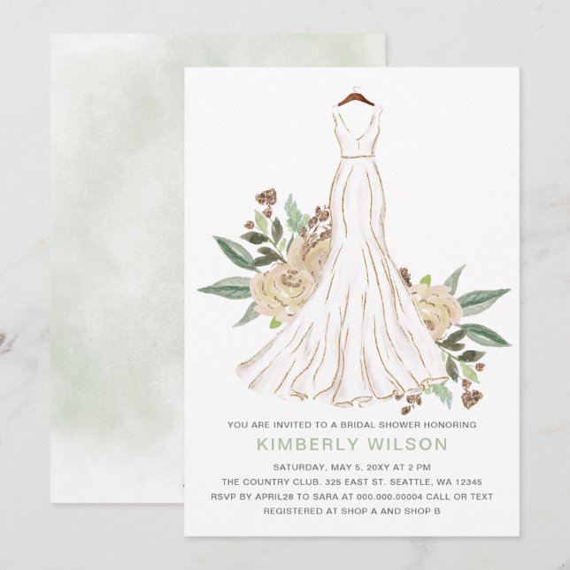 Sage Ivory Floral Wedding Dress Bridal Shower Invitation (Front/Back)