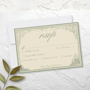 Sage Ivory Vintage Botanical Trellis Arch Wedding RSVP Card