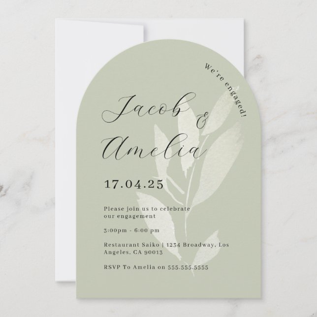 Sage Leaf Modern Arch Engagement Party   Invitation (Front)