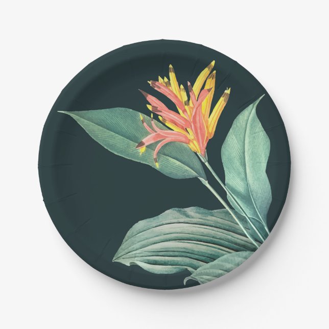 Sage Leaves Tropical Flower on Dark Teal Paper Plate (Front)