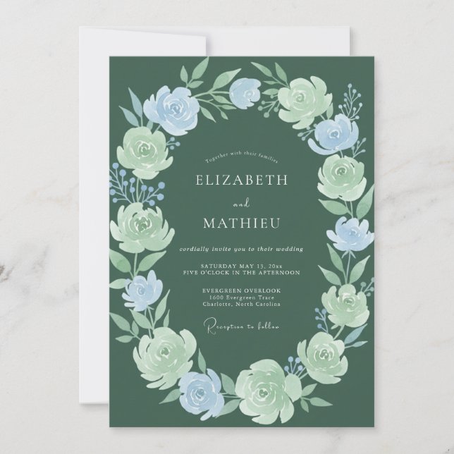 Sage Light Blue Floral Romance Wedding Invitation (Front)