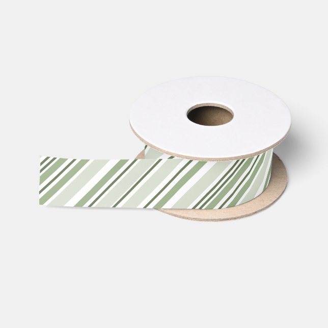 Sage (Light, Medium, Dark), White Diagonal Stripes Satin Ribbon (Spool)