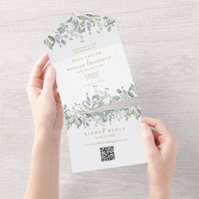 Sage Lilac Floral Gold Monogram QR Code Wedding All In One Invitation (Tearaway)