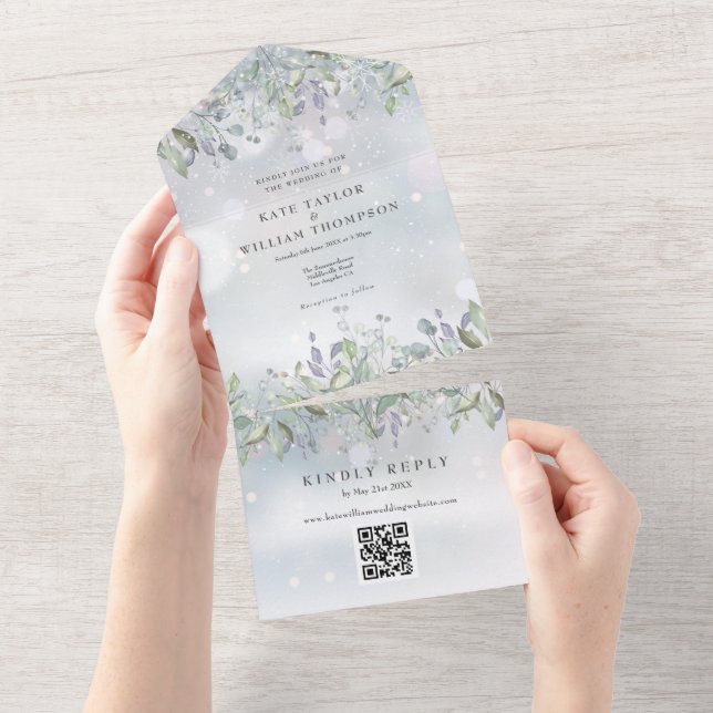 Sage Lilac Floral Monogram QR Code Winter Wedding All In One Invitation (Tearaway)