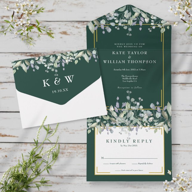 Sage Lilac Foliage Emerald Monogram Wedding All In One Invitation (Creator Uploaded)