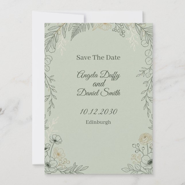 Sage Line Art Floral Save the Date Card (Front)
