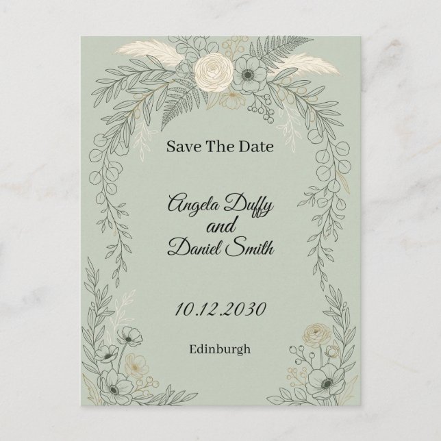 Sage Line Art Floral Save the Date Postcard (Front)