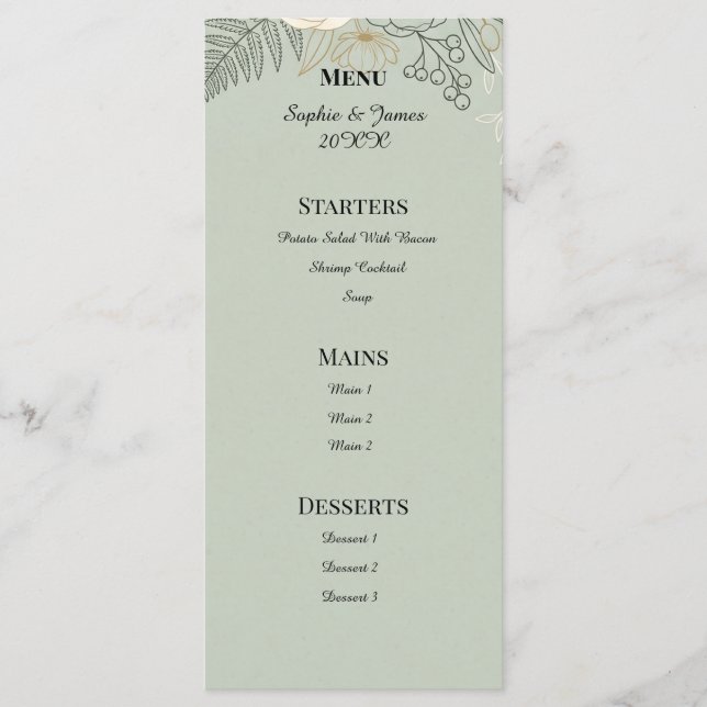 Sage Line Art Floral Wedding Menu (Front)