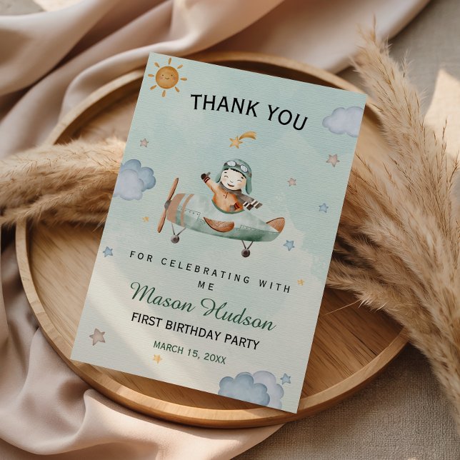 Sage Little Pilot First Birthday Thank You Card (Creator Uploaded)