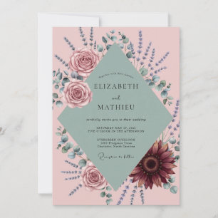Sage Maroon Lavender Eucalyptus Wedding Invitation