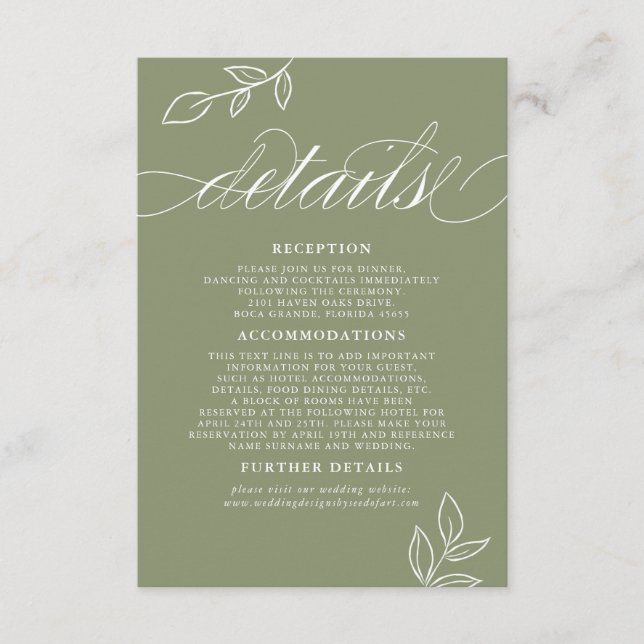  Sage Minimal Leaf QR Code Wedding Details Enclosure Card (Front)