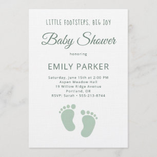 Sage Minimal Little Footsteps Baby Shower Invitation