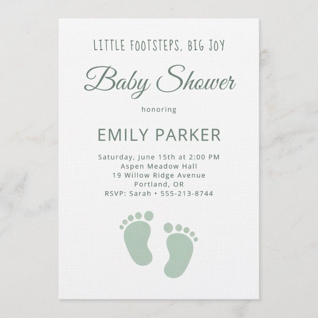 Sage Minimal Little Footsteps Baby Shower Invitation (Front)