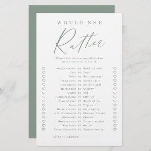 Sage minimal would she rather bridal shower game