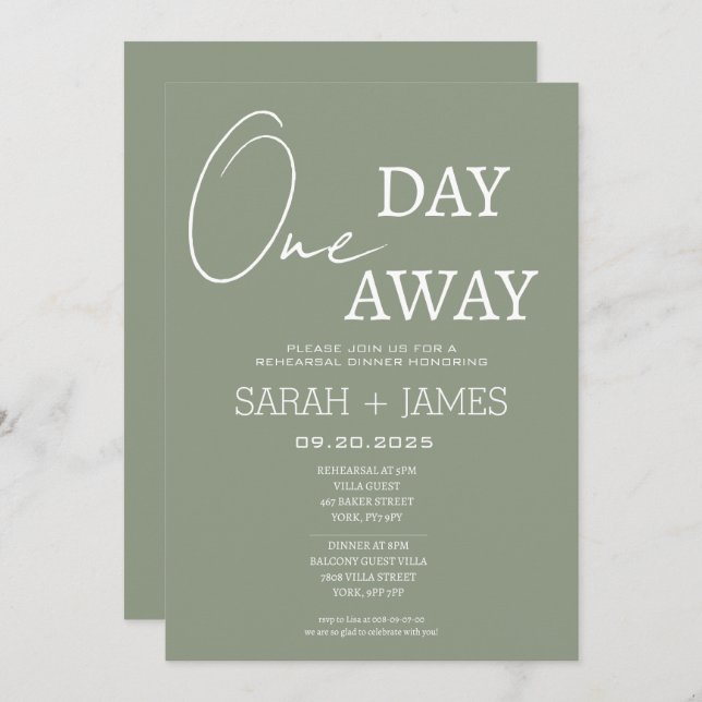 Sage Minimalist One Day Away Rehearsal Dinner  Invitation (Front/Back)