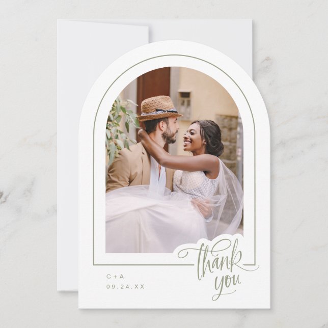 Sage Minimalist Photo Wedding Thank You Card (Front)