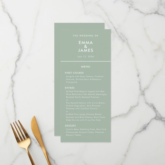 Sage Minimalist Reverse Ampersand Wedding Elegant Menu (Front/Back In Situ)