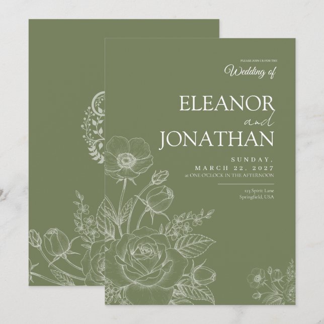 Sage Minimalist Simple Floral Elegant Wedding Invitation (Front/Back)
