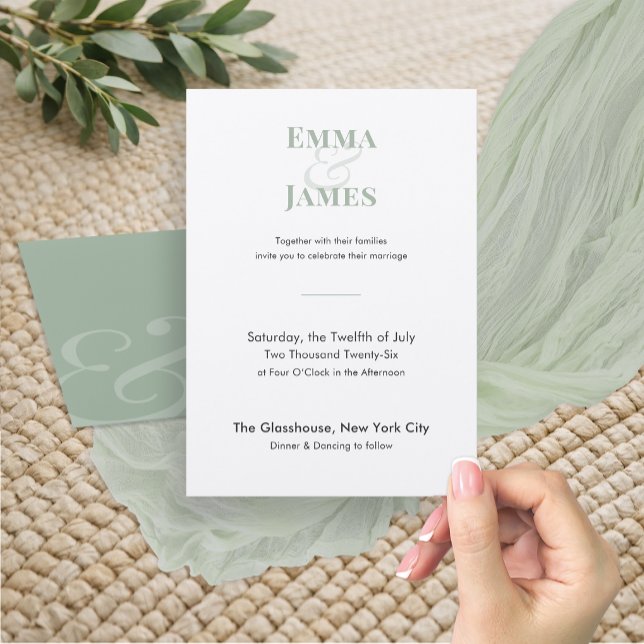 Sage Minimalist Wedding Invitation | QR Code (Modern sage wedding invitation with minimalist typography and a soft, elegant design.)
