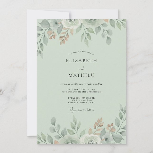 Sage Mint Botanical Watercolor Wedding Invitation (Front)