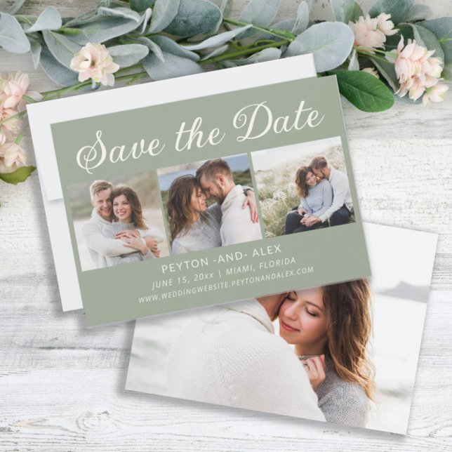 Sage Mint Green 4-Photo 2 Sided Wedding Save Date  Save The Date (Sage green 4-photo wedding Save the Date card)