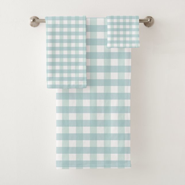 Sage Mint Green Gingham Check Plaid Summer Bath Towel Set (Insitu)