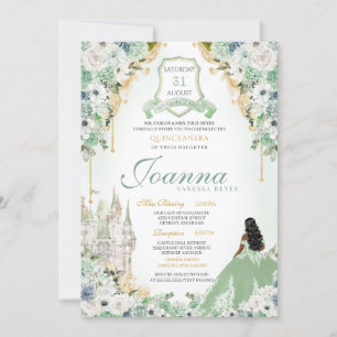 Sage Mint Green & Gold Royal Princess Quinceanera Invitation