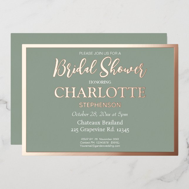 Sage Modern Classic Bridal Shower Rose Gold Border (Front/Back)