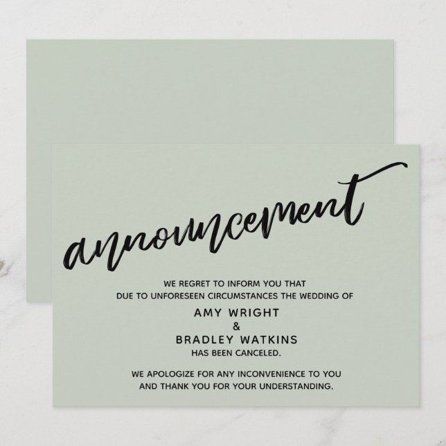Sage Modern Handwriting Cancelled Wedding Card (Front/Back)