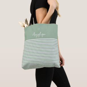 Sage Modern Heart and Stripes Monongram    Tote Bag