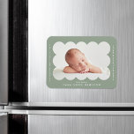 Sage Modern Scalloped Frame Birth Announcement Magnet<br><div class="desc">Modern birth announcement magnet featuring your baby's photo nestled inside of a sage green scalloped frame. Personalise the sage green birth announcement magnet by adding your baby's name and additional information in white lettering.</div>