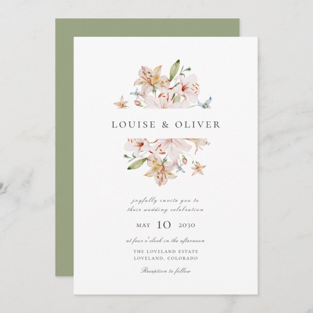 Sage Modern Watercolor Floral Lilies Wedding Invitation (Front/Back)