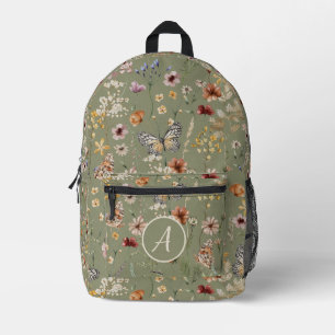 Sage Monogram Boho Butterflies Wildflowers Printed Backpack