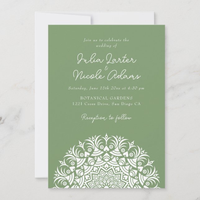 Sage Moss Green Abstract Mandala Wedding Invitation (Front)
